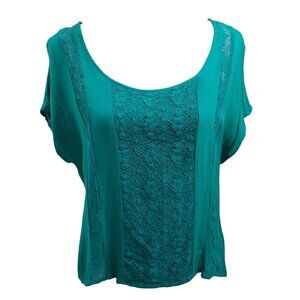 Eyelash Womens Teal Short Sleeve Blouse Large